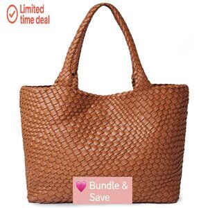 Woven Vegan Leather Tote Bag with Zippered Pouch, Large Capacity